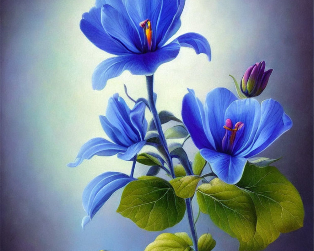 Digitally enhanced image of vibrant blue flowers with lush green leaves