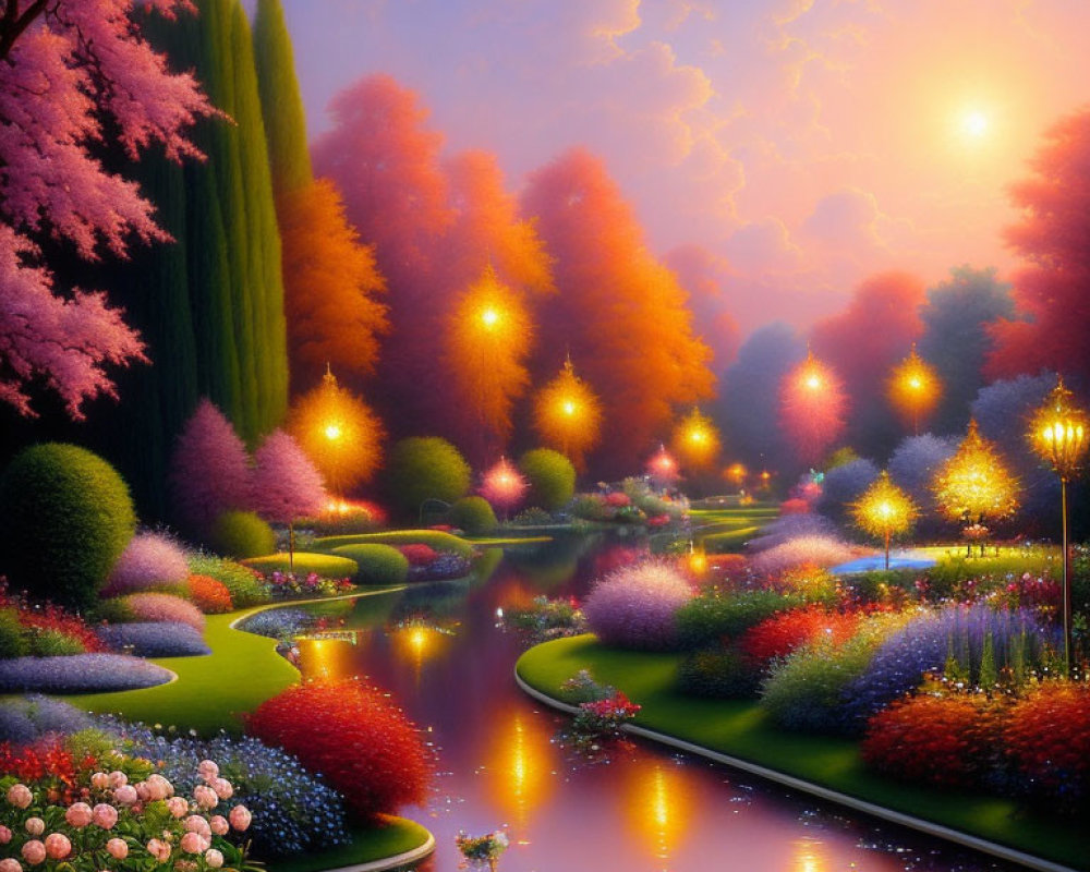 Colorful Fantasy Landscape with Blossoming Trees and River at Sunset