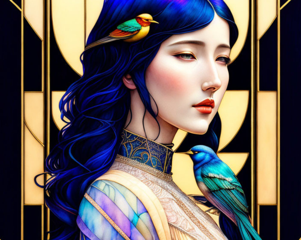 Illustrated portrait of woman with blue hair in Art Nouveau style with vibrant birds on stained-glass