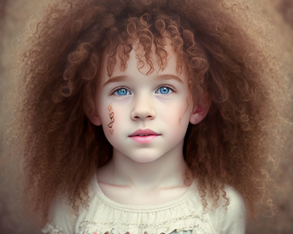 Young girl with blue eyes and auburn curly hair and swirl pattern on cheek.
