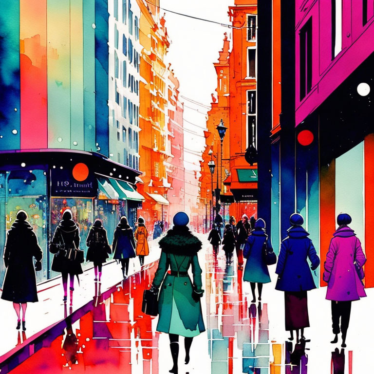 Vibrant watercolor urban street scene with people walking and colorful buildings.