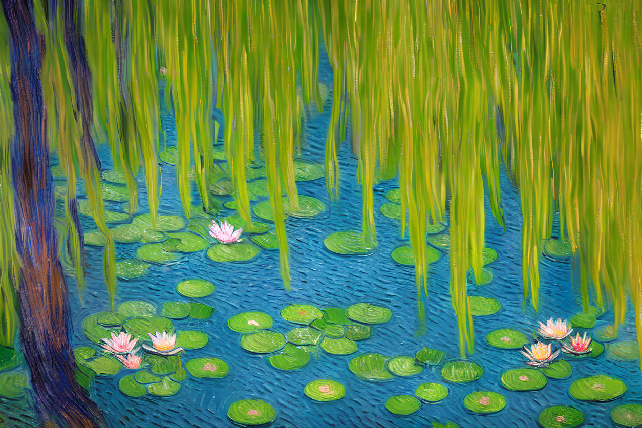 Colorful painting of a pond with lily pads, water lilies, willow branches, and