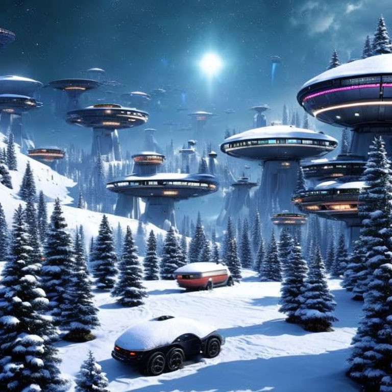 Snow-covered trees, flying vehicles, and elevated buildings in futuristic winter scene