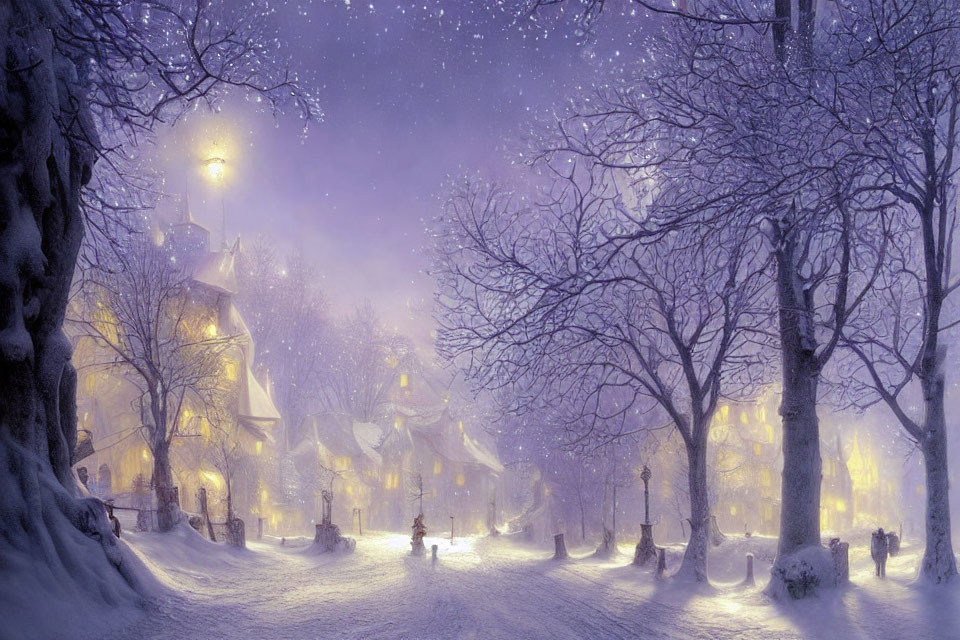 Snowy twilight village scene with bare trees, glowing street lamps, and falling snowflakes.