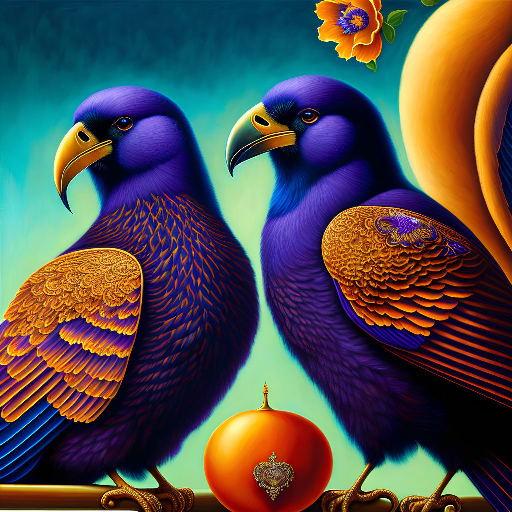 Vibrant Blue and Gold Birds with Ornate Bauble and Fruits