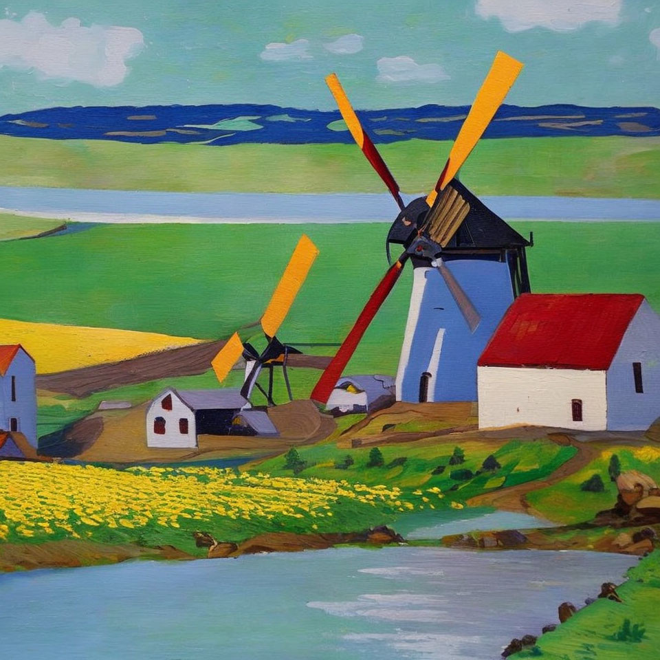 Colorful painting of rural landscape with windmills and houses