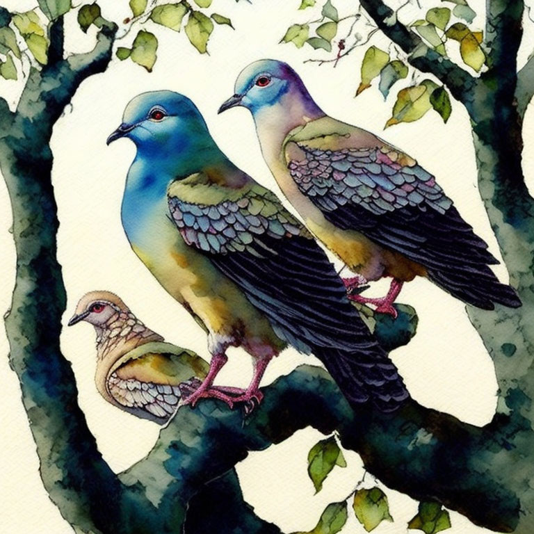 Colorful Birds Perching on Branch in Watercolor Style