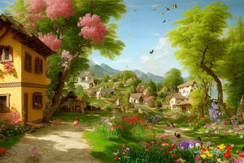 Scenic village with greenery, flowers, trees, and birds in flight