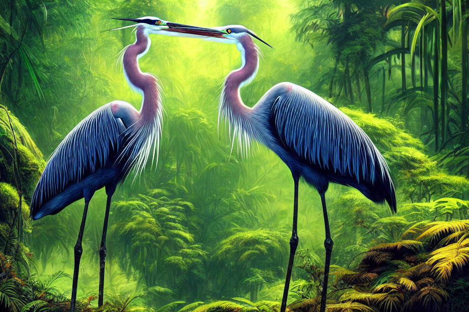 Digital art: Herons in mystical green forest