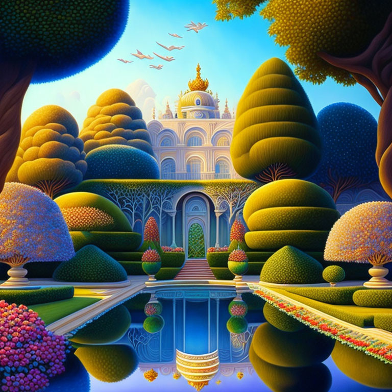 Surreal landscape with rounded trees, reflective pond, and palace in clear blue sky