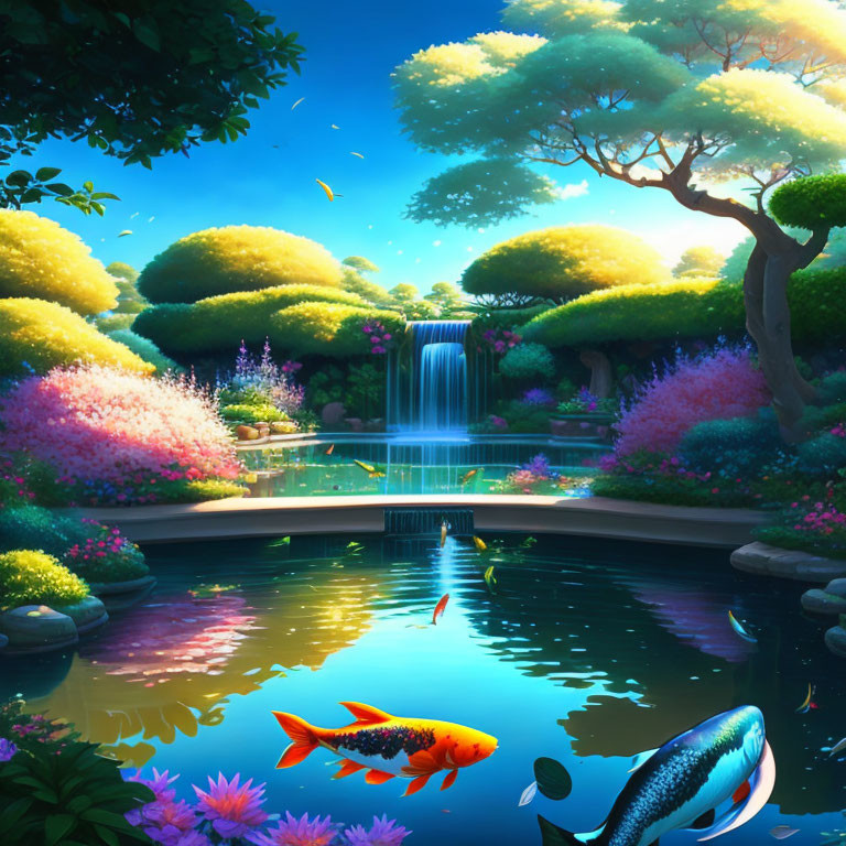 Colorful garden scene with trees, waterfall, flowers, and koi fish pond