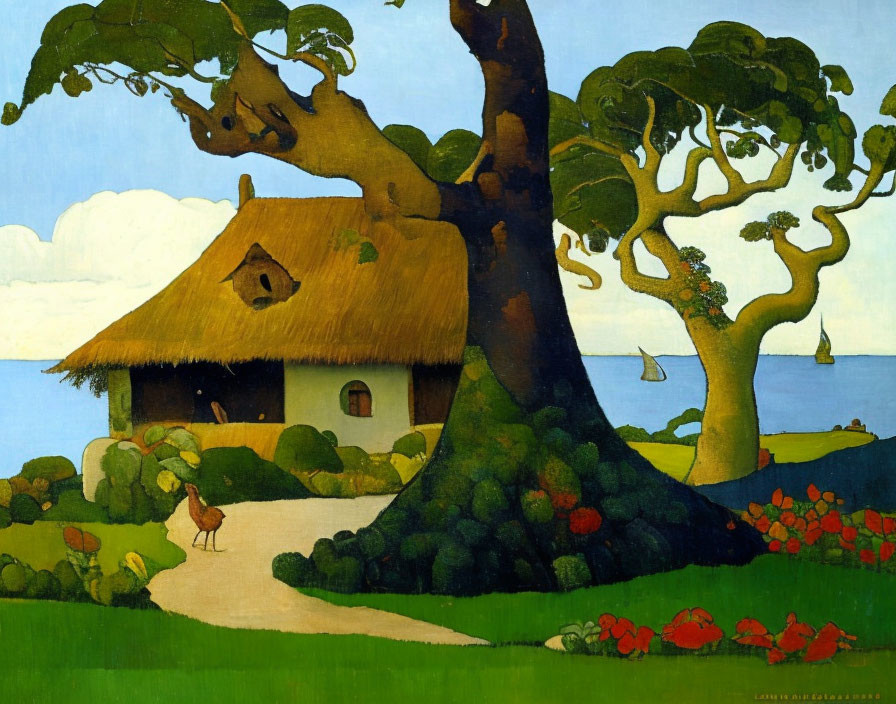Scenic painting of thatched-roof cottage by the sea surrounded by lush greenery