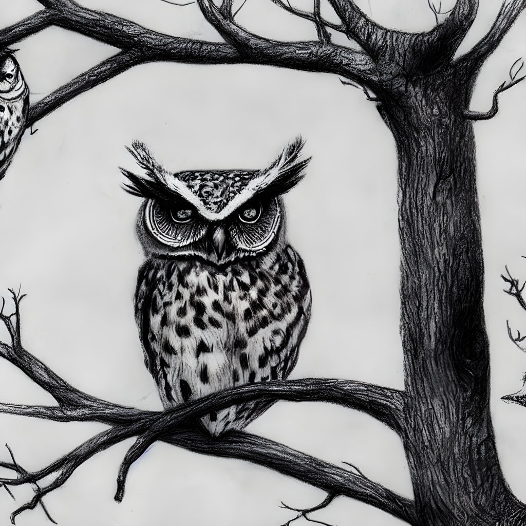 Detailed Monochromatic Owl Drawing on Tree Branch