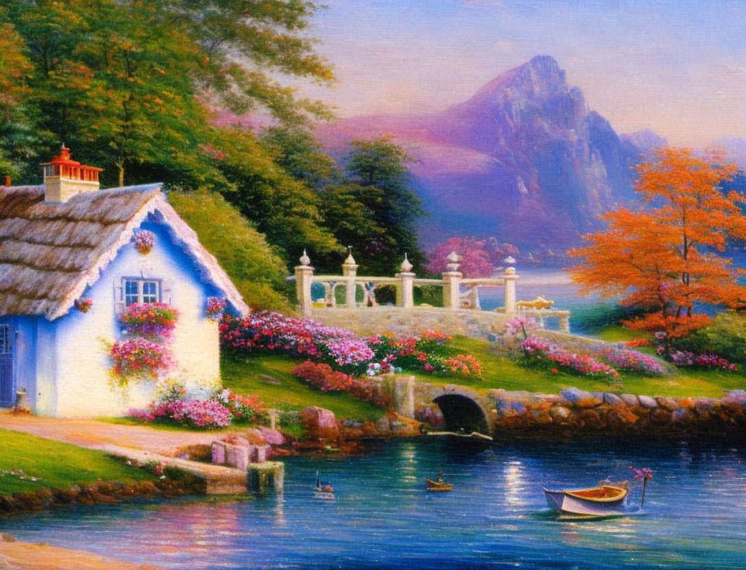 Tranquil landscape with cottage, lake, rowboat, and mountains