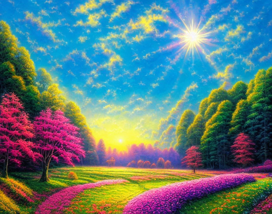 Colorful landscape with pink trees, purple flowers, winding path, greenery, sun, and blue