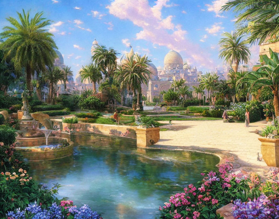 Tranquil garden with lush greenery, flowers, palm trees, pond, and domed buildings