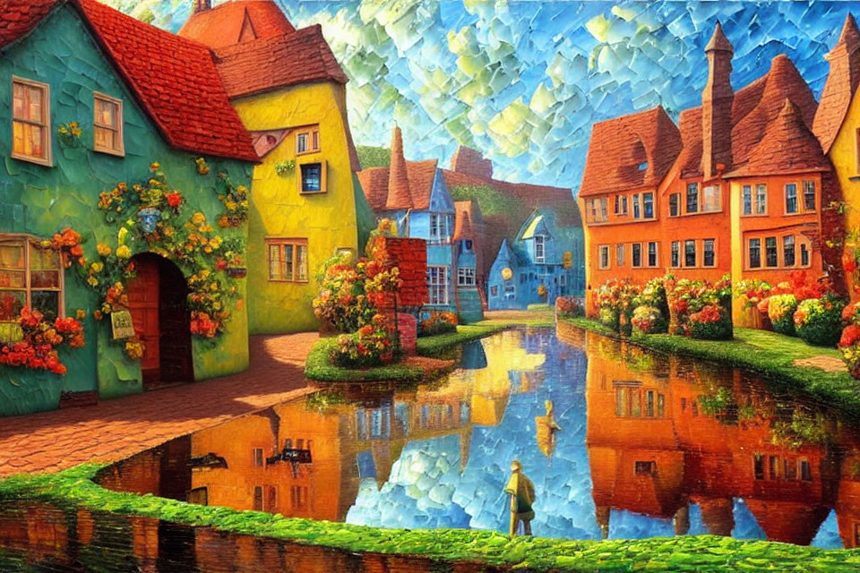 Vibrant village painting with colorful houses and reflective canal