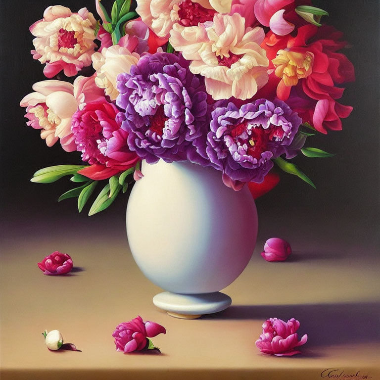 Colorful Pink and Purple Peonies in White Vase on Neutral Background