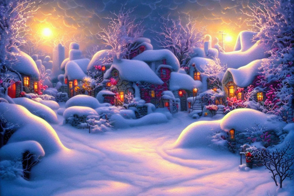 Snow-covered village twilight scene with glowing windows and lanterns