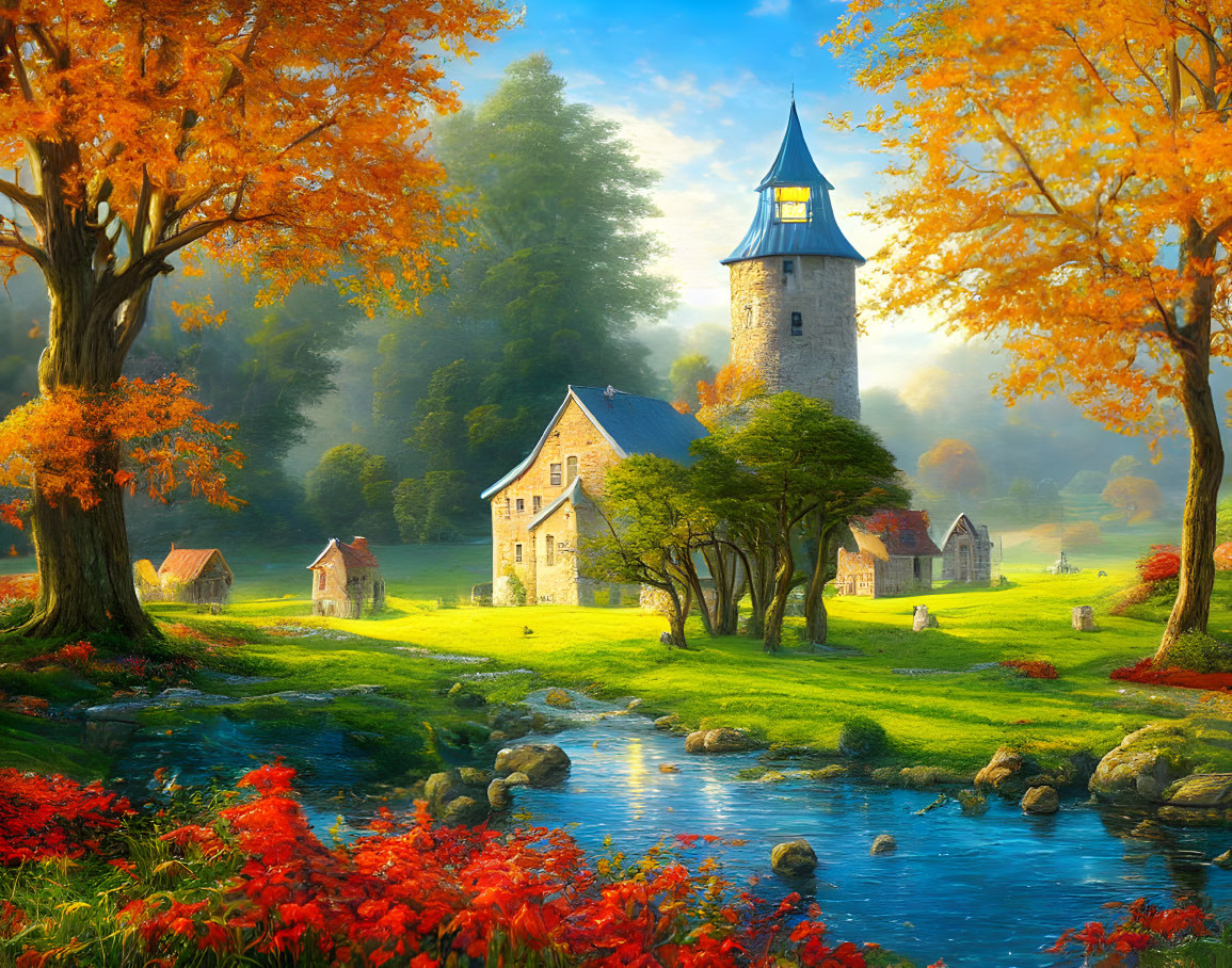 Tranquil rural landscape with old stone tower, cottage, autumn trees, and flowing river