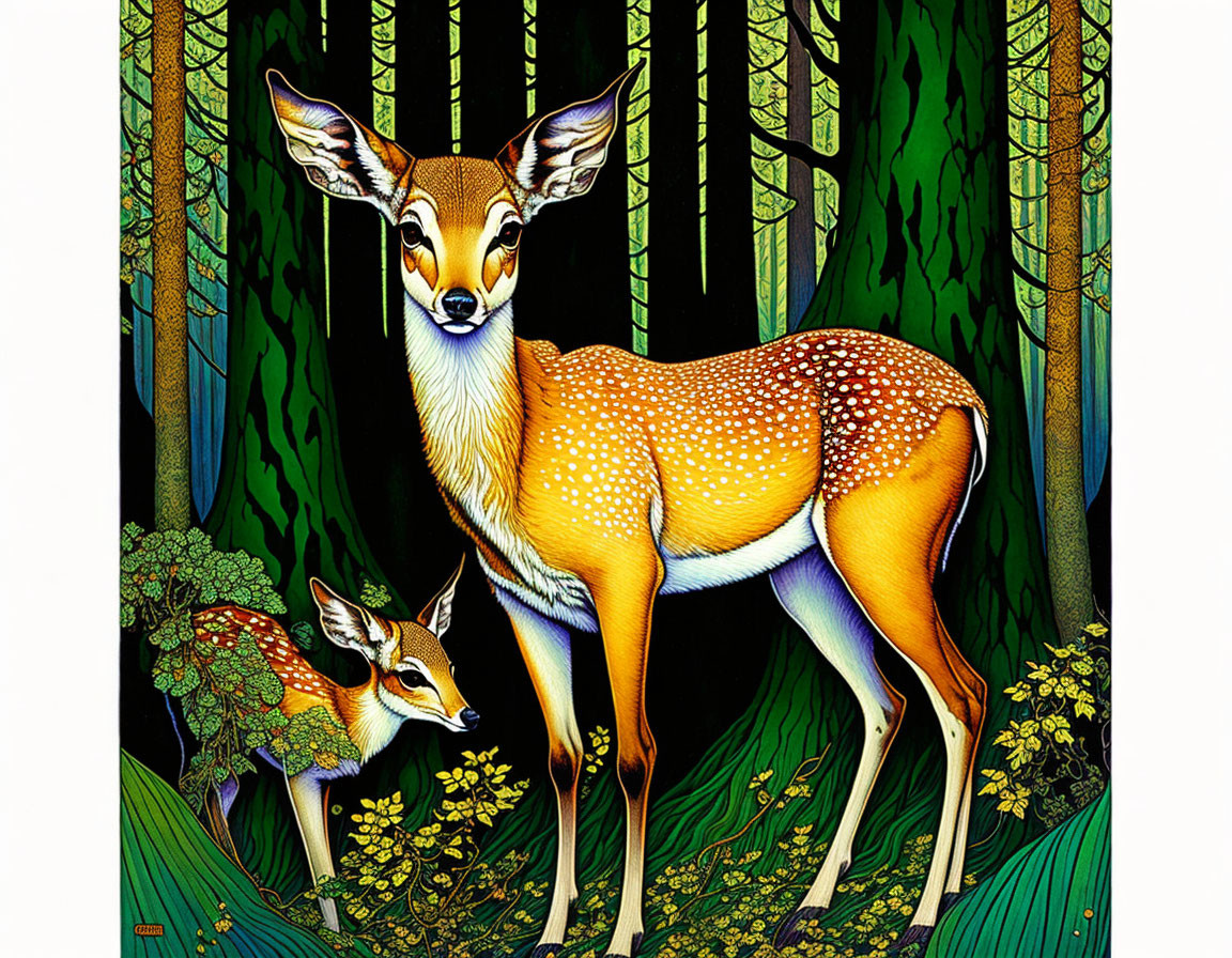 Detailed illustration of two deer in stylized forest landscape