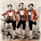 Three Men in Traditional Hunting Attire with Red Jackets, White Cravats, and Black Pants