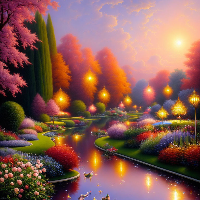 Colorful Fantasy Landscape with Blossoming Trees and River at Sunset