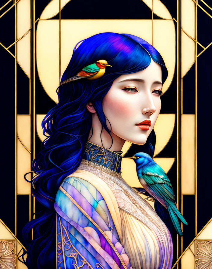 Illustrated portrait of woman with blue hair in Art Nouveau style with vibrant birds on stained-glass
