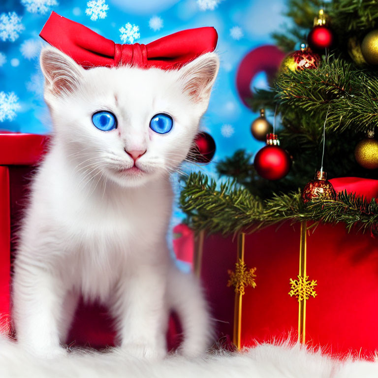 White Kitten with Blue Eyes and Red Bow by Christmas Tree