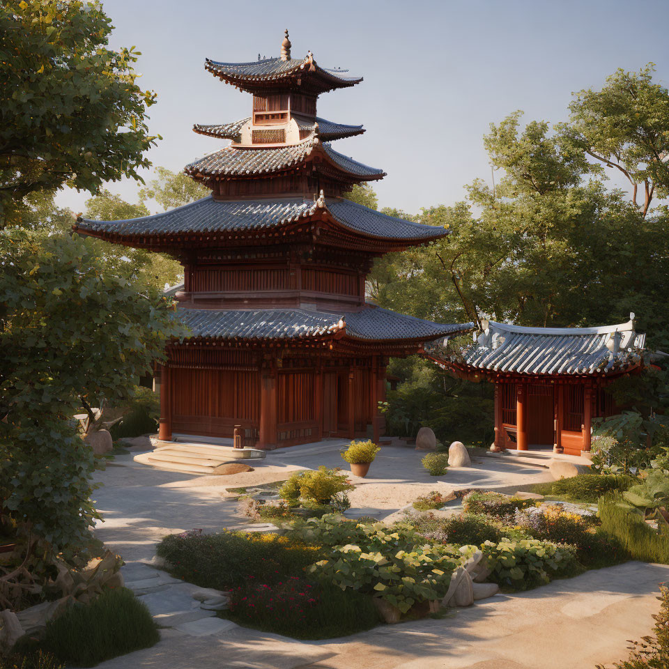 Traditional East Asian Pagoda in Lush Garden Setting