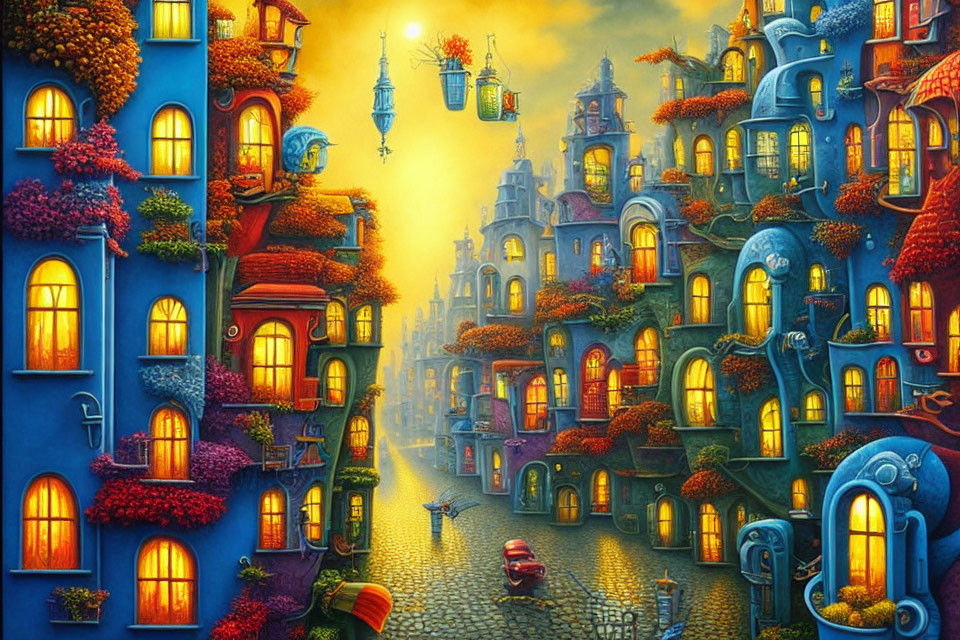 Vibrant, colorful town with cobblestone street and hanging lanterns