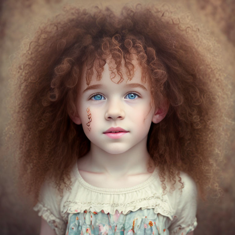 Young girl with blue eyes and auburn curly hair and swirl pattern on cheek.