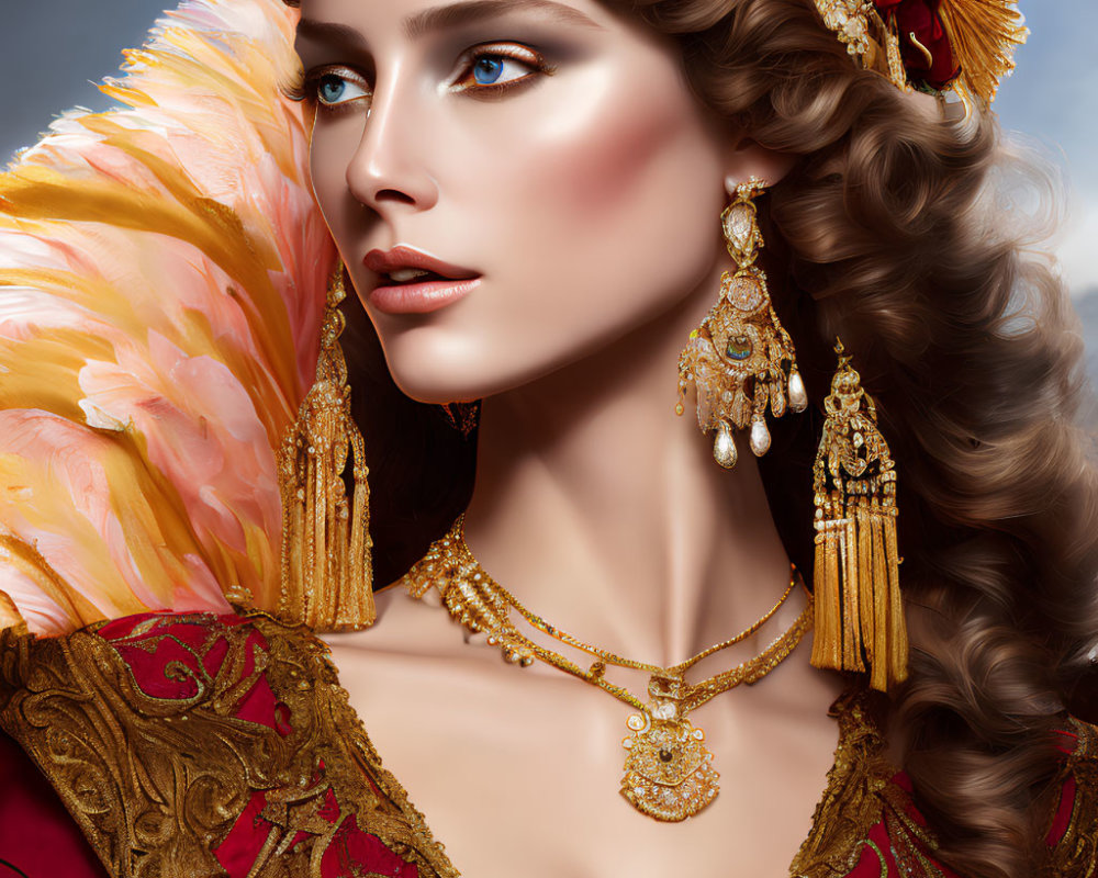 Digital portrait of woman with blue eyes, gold jewelry, and red-gold robe.