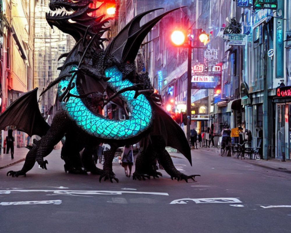 Digital artwork: Black dragon with blue accents in modern city scene