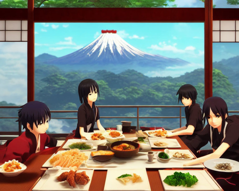 Animated Characters Dining in Traditional Japanese Room with Mount Fuji View