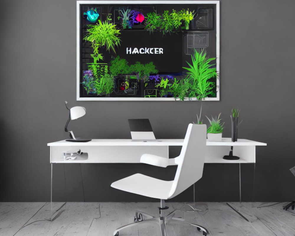 Contemporary home office with white desk, "HACKER" monitor, ergonomic chair, plants,