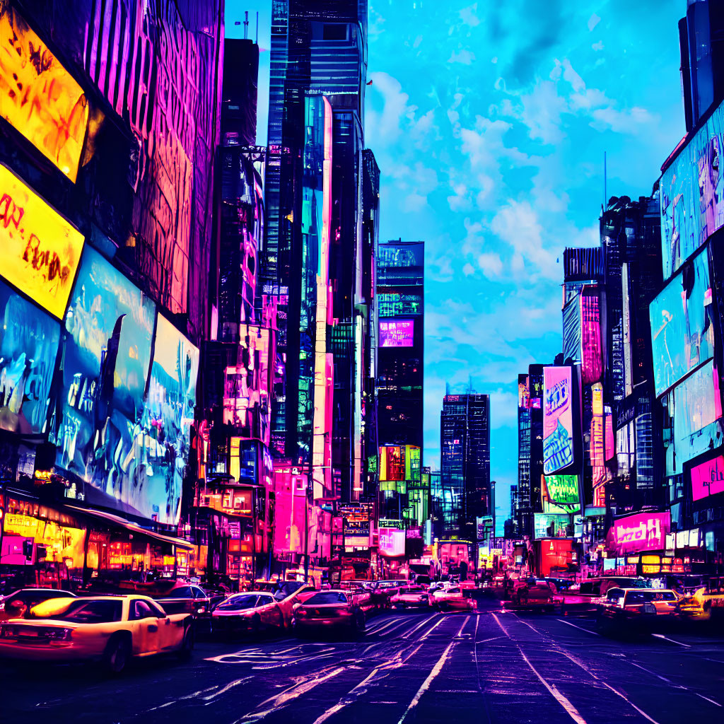 Neon-colored Times Square with traffic and billboards at twilight