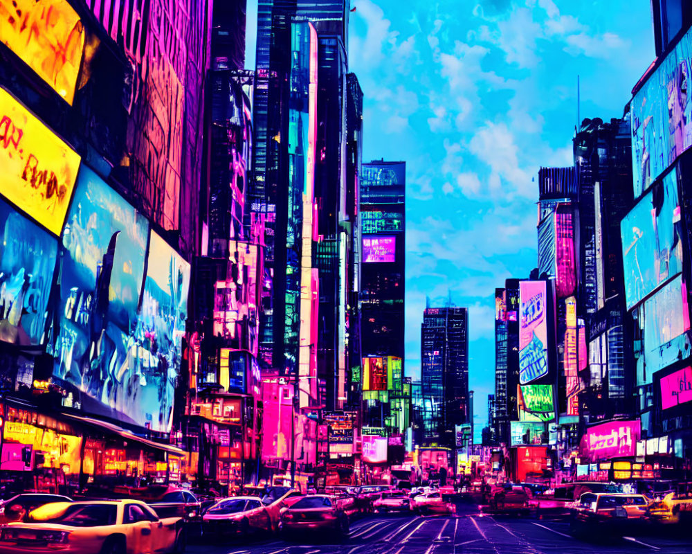 Neon-colored Times Square with traffic and billboards at twilight