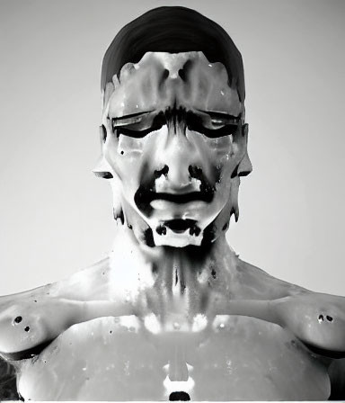 Monochrome image of person with melting wax-like substance on face