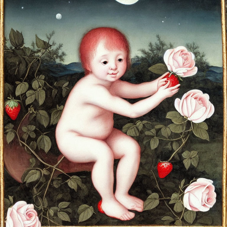 Cherubic child among rose bushes and strawberries under crescent moon