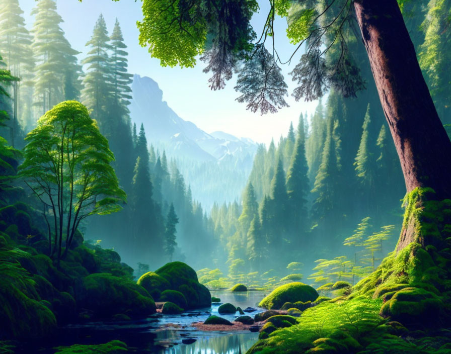 Tranquil forest scene with lush greenery, serene river, moss-covered stones, towering trees