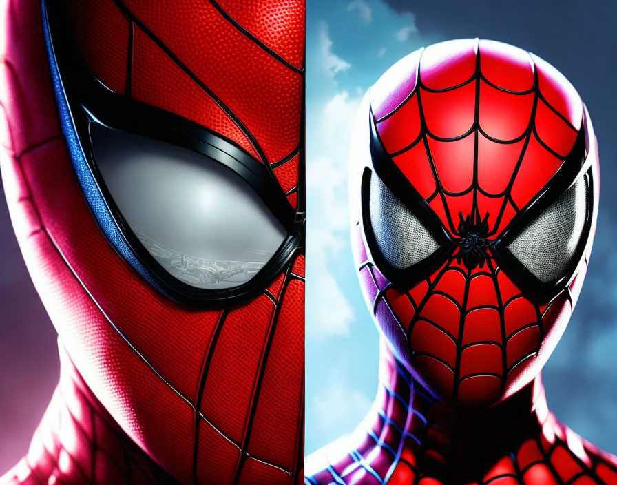 Spider-Man mask with web pattern and reflective white lens on blue sky background