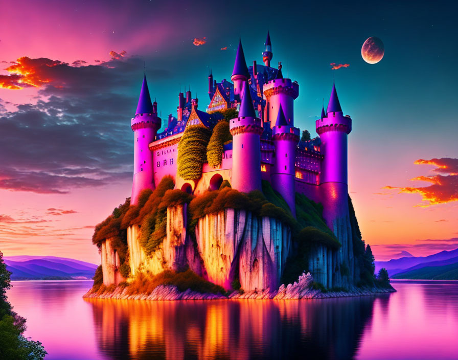 Fantasy castle on cliff overlooking lake at sunset