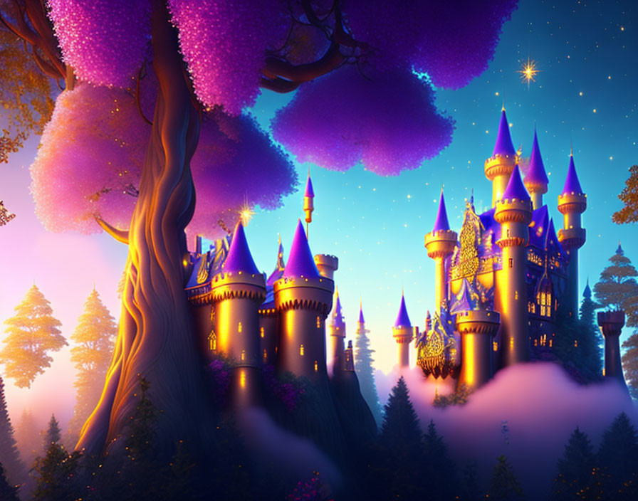 Enchanting castle with spires in mystical forest at night
