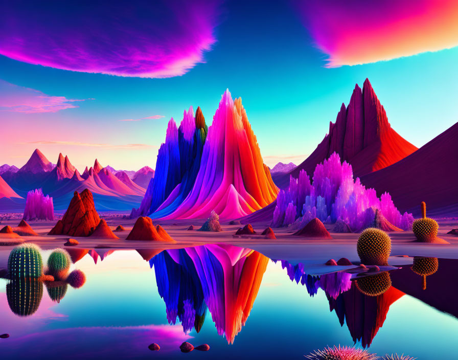 Colorful surreal landscape with multicolored mountains, reflective water, and pink clouds.