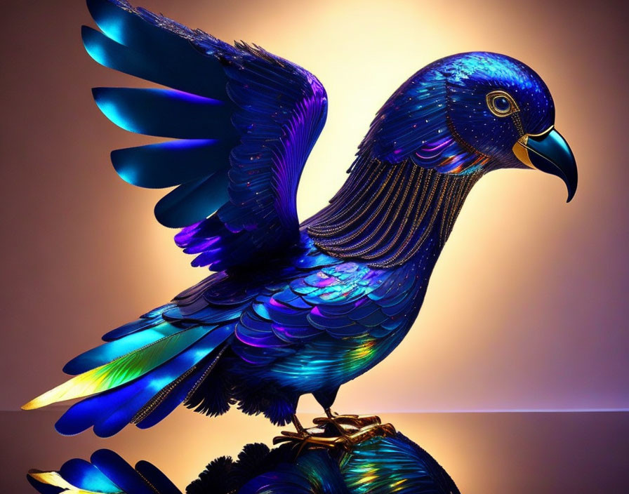 Iridescent blue-toned bird with spread wings in digital art