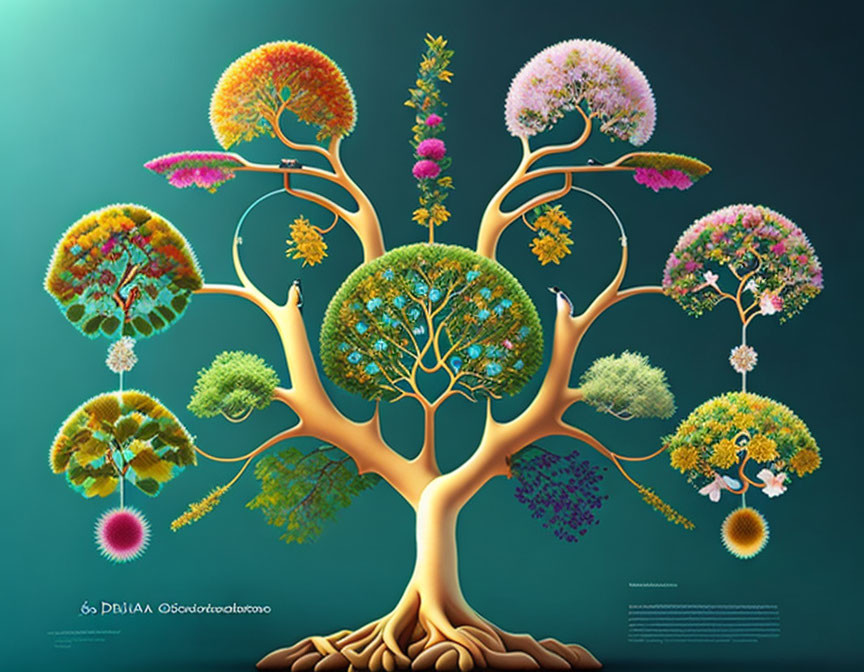 Vibrant tree illustration with diverse blooming branches on teal backdrop