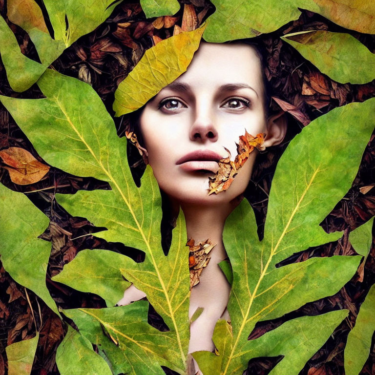 Symmetrical woman's face in autumn leaves frame