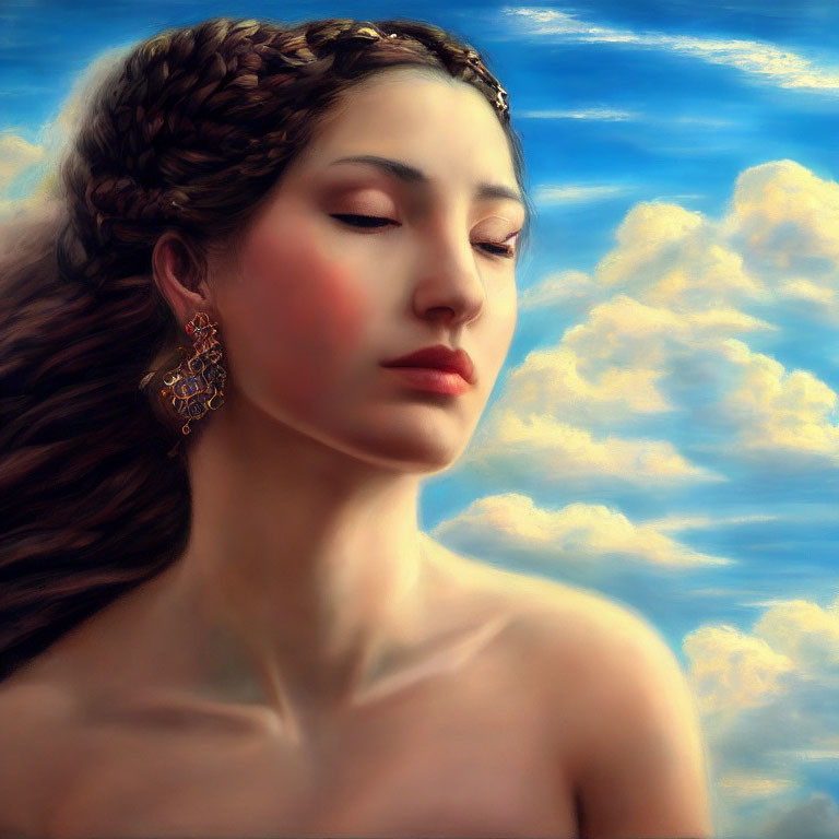 Braided hairstyle woman with headband and earring against blue sky