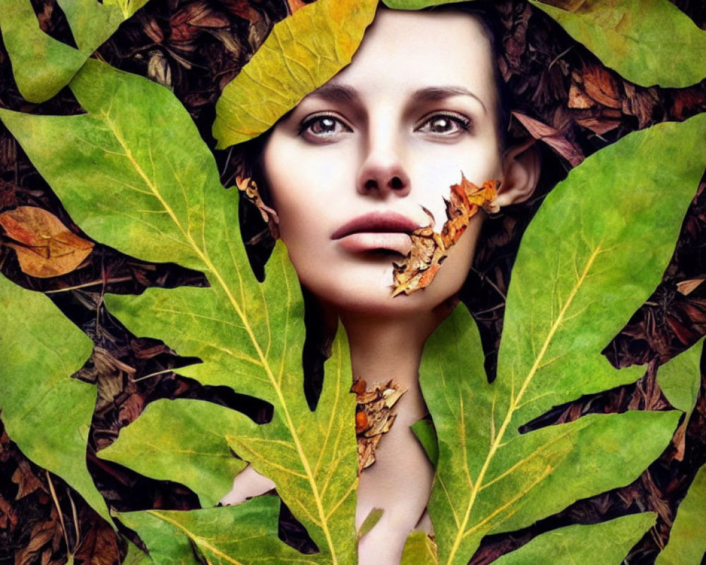 Symmetrical woman's face in autumn leaves frame